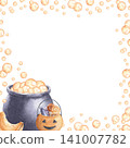 Template with purple cauldron, piece of pumpkin and basket of sweets watercolor hand drawn illustration isolated on white background. Funny festive frame for party invitation and greeting cards 141007782