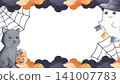 Frame with cat, ghost, web and fluffy clouds watercolor hand drawn illustration isolated on white background. Cute festive template for party invitation and greeting cards 141007783