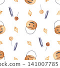 Seamless pattern with basket, candies and autumn leaves watercolor illustration isolated on white background. Hand drawn backdrop with realistic festive elements. Perfect for textile prints and wrappi 141007785
