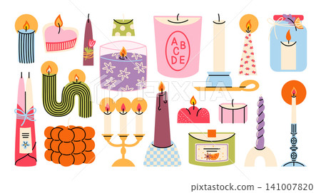 Colorful set of illustrations of wax candles of different shapes and sizes in cartoon line style. Hand drawn vector stickers of different designs of burning candles and candlesticks. Home interior. Colorful set of illustrations of wax candles of different shapes and sizes in cartoon line style. Hand drawn vector stickers of different designs of burning candles and candlesticks. Home interior. 141007820