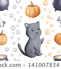 Seamless pattern with cats, pumpkins, cauldrons and bubbles watercolor illustration isolated on white background. Hand drawn backdrop with cartoon festive elements. Ideal for textile prints and packag 141007834