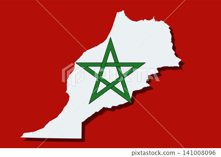 Morocco, country silhouette centered on national flag. Light gray map of the kingdom with cast shadow on a blood red horizontal field. Above an upright, palm leaf green, intertwined pentagram. Vector Morocco, country silhouette centered on national flag. Light gray map of the kingdom with cast shadow on a blood red horizontal field. Above an upright, palm leaf green, intertwined pentagram. Vector 141008096