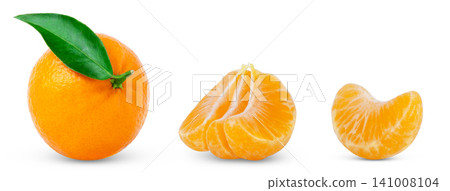 Ripe fresh tangerines set, whole clementine with green leaf, peeled slice of clementine, mandarin or tangerine isolated on a white background. 141008104