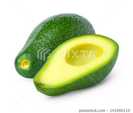 Cut in half of avocado without seed and whole green avocado fruit isolated white background. Cut in half of avocado without seed and whole green avocado fruit isolated white background. 141008110