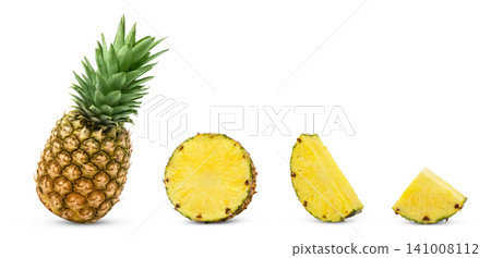 Pineapples collection isolated. Whole pineapple, cut in a half of pineapple, slices of ananas isolated set. Pineapples collection isolated. Whole pineapple, cut in a half of pineapple, slices of ananas isolated set. 141008112