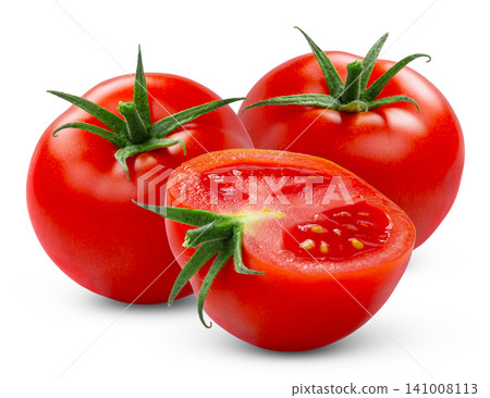 Fresh ripe tomatoes with slice of tomato isolate. Red juicy tomato and half of tomato with clipping path. Not AI, real retouched photo. Fresh ripe tomatoes with slice of tomato isolate. Red juicy tomato and half of tomato with clipping path. Not AI, real retouched photo. 141008113