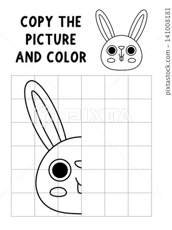Complete hare face. Black and white vector symmetrical drawing practice worksheet. Line woodland activity for kids. Draw second half coloring page. Copy picture game with forest animal head 141008181
