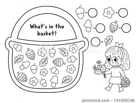 Forest I spy game for kids. Black and white searching and counting activity shaped as basket with girl, cones, acorns, leaves. Woodland line printable worksheet, coloring page for children Forest I spy game for kids. Black and white searching and counting activity shaped as basket with girl, cones, acorns, leaves. Woodland line printable worksheet, coloring page for children 141008186