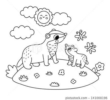 Vector black and white badger with baby on lawn under sun. Cute cartoon woodland family scene illustration for kids. Forest animals background. Line mother and baby coloring page Vector black and white badger with baby on lawn under sun. Cute cartoon woodland family scene illustration for kids. Forest animals background. Line mother and baby coloring page 141008196