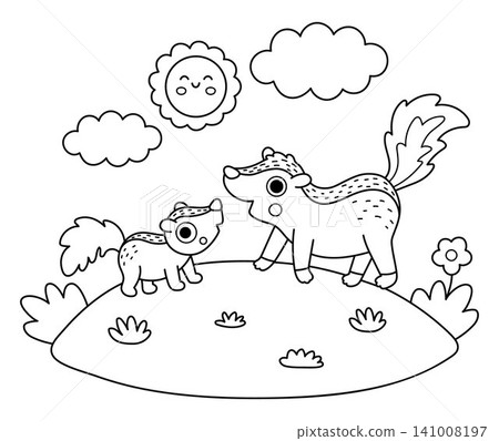 Vector black and white skunk with baby on lawn under sun. Cute cartoon woodland family scene illustration for kids. Forest animals background. Line mother and baby coloring page 141008197