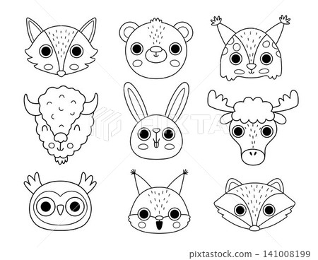 Vector cartoon black and white forest animals faces set. Funny bear, fox, lynx, elk, raccoon head clipart. Cute line rabbit, owl, squirrel muzzle icon for kids. Wildlife illustration, coloring page Vector cartoon black and white forest animals faces set. Funny bear, fox, lynx, elk, raccoon head clipart. Cute line rabbit, owl, squirrel muzzle icon for kids. Wildlife illustration, coloring page 141008199