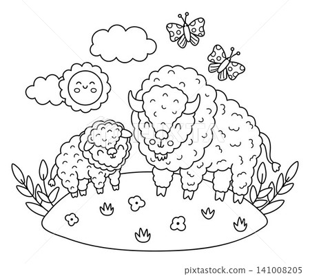 Vector black and white bison with baby on lawn under sun. Cute line cartoon woodland family scene illustration for kids. Forest animals background. Mother and baby coloring page Vector black and white bison with baby on lawn under sun. Cute line cartoon woodland family scene illustration for kids. Forest animals background. Mother and baby coloring page 141008205