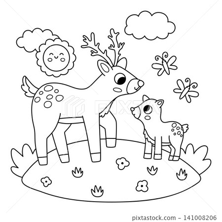 Vector black and white deer with baby on lawn under sun. Cute cartoon woodland family scene illustration for kids. Line forest animals background. Mother and baby coloring page Vector black and white deer with baby on lawn under sun. Cute cartoon woodland family scene illustration for kids. Line forest animals background. Mother and baby coloring page 141008206