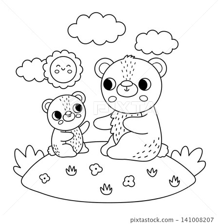 Vector black and white bear with baby on lawn under sun. Cute cartoon woodland family scene illustration for kids. Forest animals background. Line mother and baby coloring page Vector black and white bear with baby on lawn under sun. Cute cartoon woodland family scene illustration for kids. Forest animals background. Line mother and baby coloring page 141008207