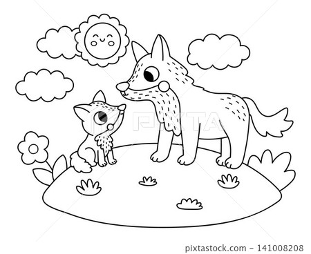 Vector black and white wolf with baby on lawn under sun. Cute cartoon woodland family scene illustration for kids. Line forest animals background. Mother and baby coloring page Vector black and white wolf with baby on lawn under sun. Cute cartoon woodland family scene illustration for kids. Line forest animals background. Mother and baby coloring page 141008208