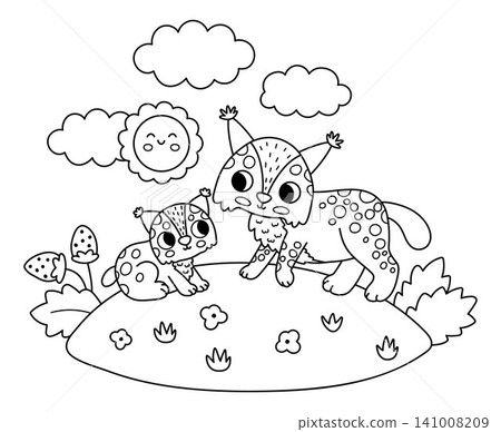 Vector black and white lynx with baby on lawn under sun. Cute cartoon woodland family scene illustration for kids. Forest animals background. Line mother and baby coloring page Vector black and white lynx with baby on lawn under sun. Cute cartoon woodland family scene illustration for kids. Forest animals background. Line mother and baby coloring page 141008209