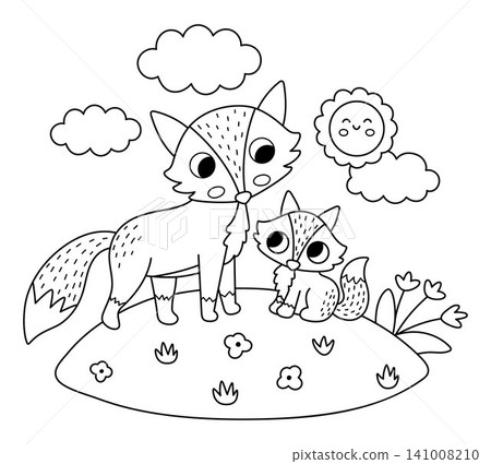Vector black and white fox with baby on lawn under sun. Cute cartoon woodland family scene illustration for kids. Line forest animals background. Mother and baby coloring page 141008210