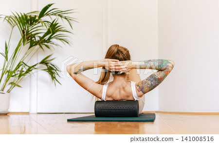 Woman Upper Back Foam Rolling Myofascial Release Massage Woman Upper Back Foam Rolling Myofascial Release Massage 141008516
