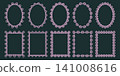 Lace frame edge with border scallop heart and trim circle square. Oval antique pattern with wavy lace scalloped and ruffle decorative drawn. Mat red lace with simple frill border and frame 141008616