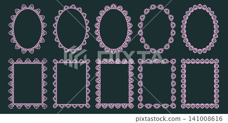 Lace frame edge with border scallop heart and trim circle square. Oval antique pattern with wavy lace scalloped and ruffle decorative drawn. Mat red lace with simple frill border and frame Lace frame edge with border scallop heart and trim circle square. Oval antique pattern with wavy lace scalloped and ruffle decorative drawn. Mat red lace with simple frill border and frame 141008616