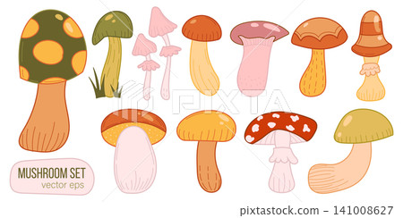 Vector forest design with mushroom illustration nature and autumn food isolated. Plant background set with fungi vector art and natural colorful drawing. Flat graphic vector with woodland Vector forest design with mushroom illustration nature and autumn food isolated. Plant background set with fungi vector art and natural colorful drawing. Flat graphic vector with woodland 141008627