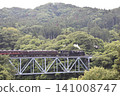 一輛蒸汽機車正駛過鐵路橋 141008747