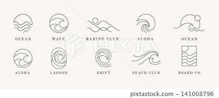 Minimalist abstract sea, ocean and wave line art logos collection. Minimal linear marine and coastal Minimalist abstract sea, ocean and wave line art logos collection. Minimal linear marine and coastal 141008796