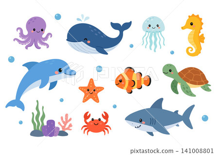 Collection of adorable sea animals featuring octopus, whale, jellyfish, seahorse, dolphin, clownfish, sea turtle, shark, starfish, crab, coral, and seaweed Collection of adorable sea animals featuring octopus, whale, jellyfish, seahorse, dolphin, clownfish, sea turtle, shark, starfish, crab, coral, and seaweed 141008801