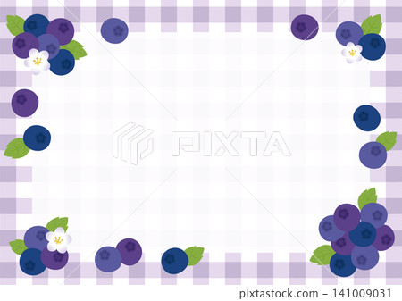 A cute frame background illustration for message cards, featuring blueberries and flowers combined with purple gingham check. 141009031