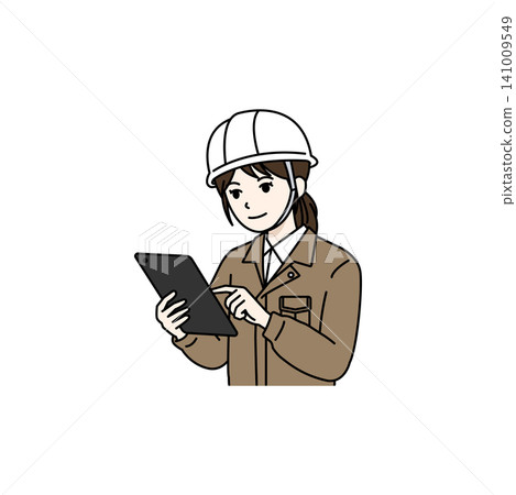 Female worker, helmet, beige work clothes, operating a tablet. Female worker, helmet, beige work clothes, operating a tablet. 141009549