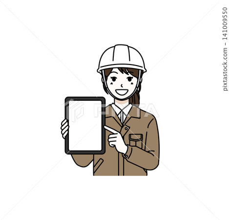 Female worker, helmet, beige work uniform, tablet display. Female worker, helmet, beige work uniform, tablet display. 141009550
