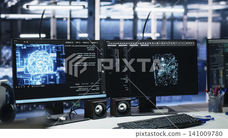 Computer systems in server room managing network resources working with AI tech. Computer systems in server room managing network resources working with AI tech. 141009780