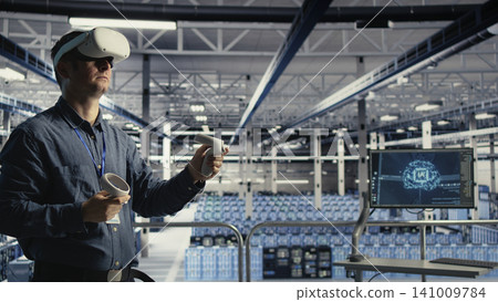 System administrator uses a VR headset in a server room to adjust AI systems and improve processing performance. System administrator uses a VR headset in a server room to adjust AI systems and improve processing performance. 141009784