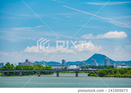 View from Omi Bridge towards Kusatsu City, Shiga Prefecture 141009873