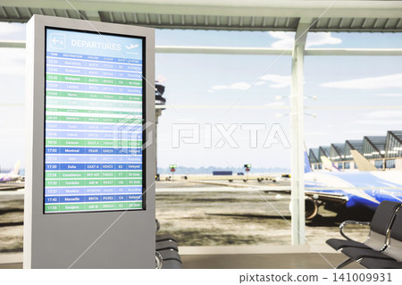 Quiet airport terminal waiting area with no passengers and departures board showing airline flight status, delays and on time departures. Empty lounge area, air travel concept. 141009931