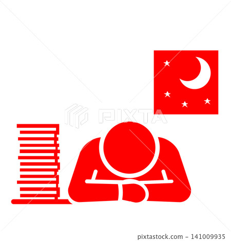 A pictogram (red) of a person who has fallen asleep at their desk due to working overtime or pulling an all-nighter. A pictogram (red) of a person who has fallen asleep at their desk due to working overtime or pulling an all-nighter. 141009935