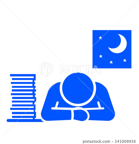 一個因加班或通宵工作而在辦公桌上睡著的人的象形圖(藍色)。 一個因加班或通宵工作而在辦公桌上睡著的人的象形圖(藍色)。 141009938