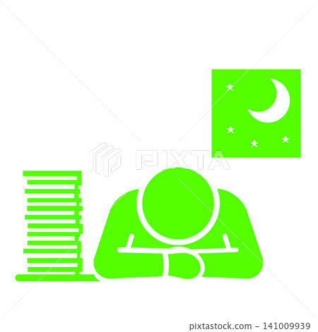 A pictogram (green) of a person who has fallen asleep at their desk due to working overtime or pulling an all-nighter. A pictogram (green) of a person who has fallen asleep at their desk due to working overtime or pulling an all-nighter. 141009939