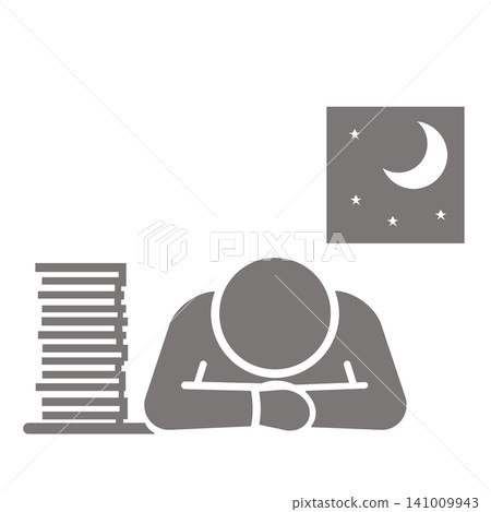 A pictogram (gray) of a person who has fallen asleep at their desk due to working overtime or pulling an all-nighter. A pictogram (gray) of a person who has fallen asleep at their desk due to working overtime or pulling an all-nighter. 141009943