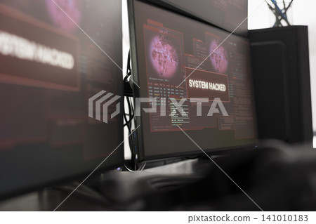 Desktop screen filled with system hack warnings. The alert indicates malicious bug has breached firewall security, highlighting digital threats, cybersecurity risks and data protection challenges. Desktop screen filled with system hack warnings. The alert indicates malicious bug has breached firewall security, highlighting digital threats, cybersecurity risks and data protection challenges. 141010183