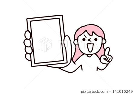 一幅插圖，描繪了一位年輕女子展示她的智慧型手機螢幕來解釋或介紹某事物。 141010249