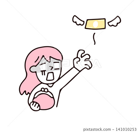 An illustration of a young woman struggling with expenses as her money flies away. An illustration of a young woman struggling with expenses as her money flies away. 141010253