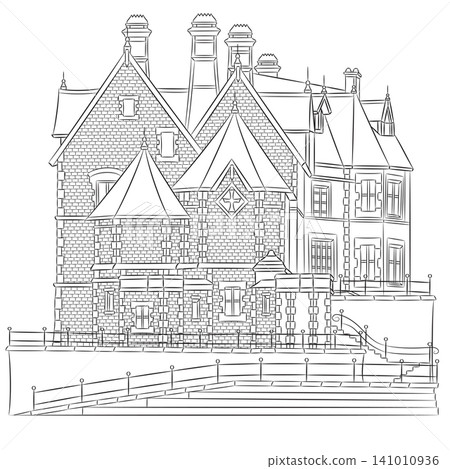 Black and white vector illustration of a historic waterfront cottage with traditional Portuguese architecture in Cascais, Portugal. Black and white vector illustration of a historic waterfront cottage with traditional Portuguese architecture in Cascais, Portugal. 141010936