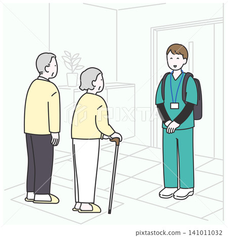 An illustration depicting an elderly couple welcoming a visiting nurse at their front door. An illustration depicting an elderly couple welcoming a visiting nurse at their front door. 141011032