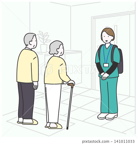 An illustration depicting the entrance of an elderly household receiving a visiting nurse. An illustration depicting the entrance of an elderly household receiving a visiting nurse. 141011033
