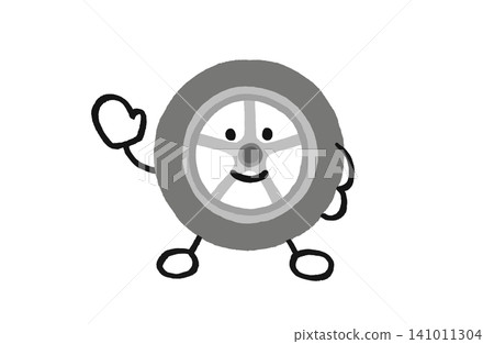 A tire character posing and waving with its right hand raised. (Illustration) (Car, Information, Recommendation) 141011304
