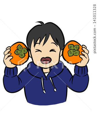時值秋季，孩子雙手捧著美味的柿子，臉上洋溢著幸福的笑容。 141011328