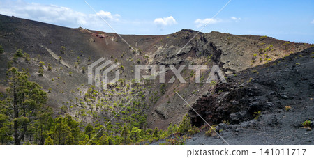The crater of the San Antonio volcano on the Canary Island of La Palma with a growth of trees and small shrubs in it on black volcanic soil and solidified lava. High quality photo The crater of the San Antonio volcano on the Canary Island of La Palma with a growth of trees and small shrubs in it on black volcanic soil and solidified lava. High quality photo 141011717