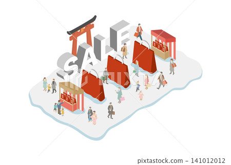 An isometric illustration of the bustling New Year's Day, with people visiting shrines and temples and enjoying the first sales of the year. An isometric illustration of the bustling New Year's Day, with people visiting shrines and temples and enjoying the first sales of the year. 141012012