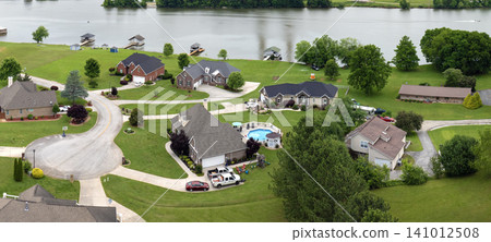 Expensive mansions in Tennessee suburbs, USA. Aerial view of wealthy residential neighborhood Expensive mansions in Tennessee suburbs, USA. Aerial view of wealthy residential neighborhood 141012508